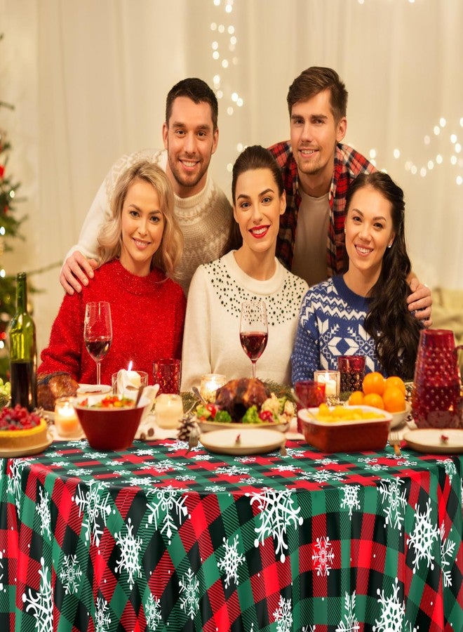 Jectivs 3Pcs Christmas Buffalo Plaid Snowflake Party Tablecloths Decorations,Plastic Red and Green Checkered Round Table Cover for Winter Christmas New Year Birthday Holiday Party Decorations,84 inch - Image 4